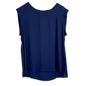 J CREW Sleeveless Blouse Polyester Sheer Panel Solid Blue Relaxed Fit Women 14